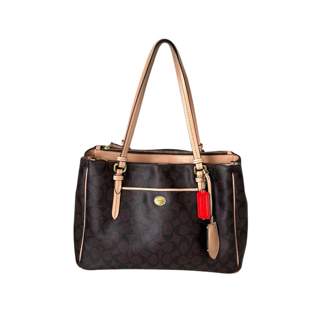 Coach Signature Peyton Double Zip Carryall Tote Bag Brown Beige Leather Purse